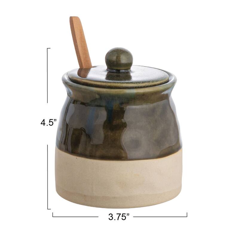Stoneware Sugar Pot with Lid and Wood Spoon - 3.8"L x 3.8"W x 4.4"H