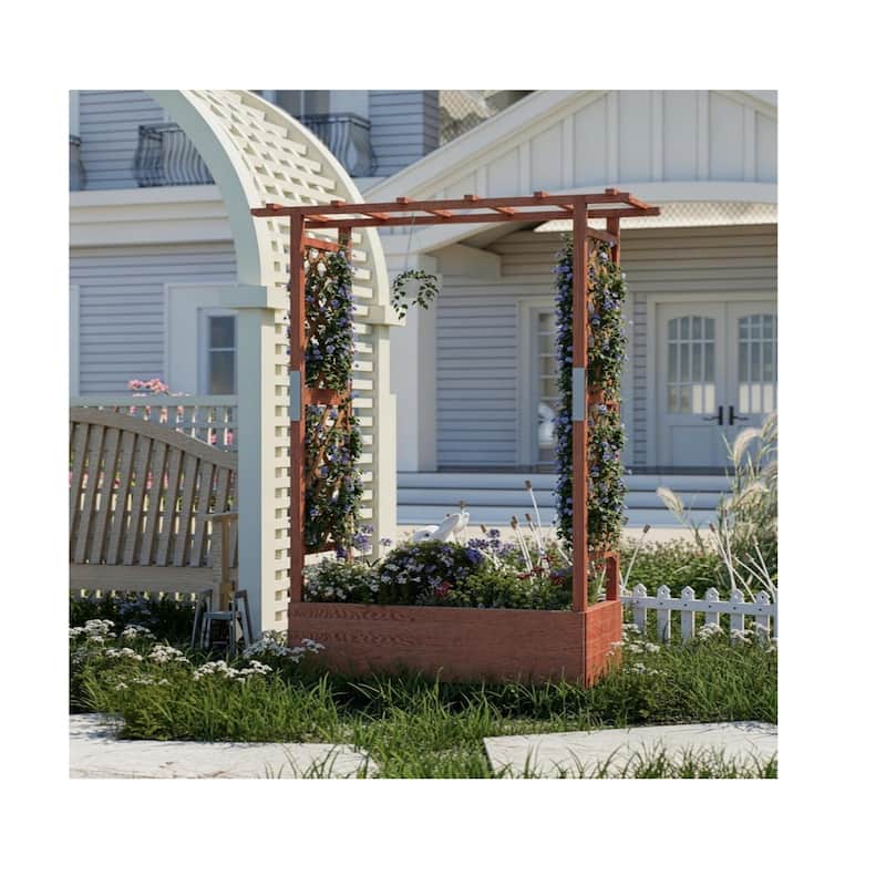 43x17x72Inch Elevated Wooden Garden Bed with Trellis and Hanging Roof Wood Planter Box 4 Drainage Holes
