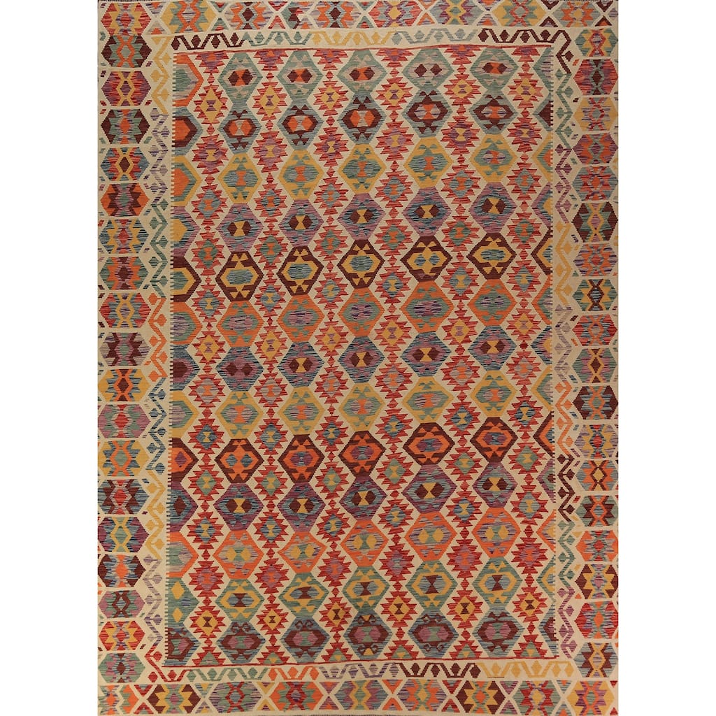 Tribal / Geometric Kilim Oriental Rug Hand-Woven Wool Carpet - 9'11"x 12'10"