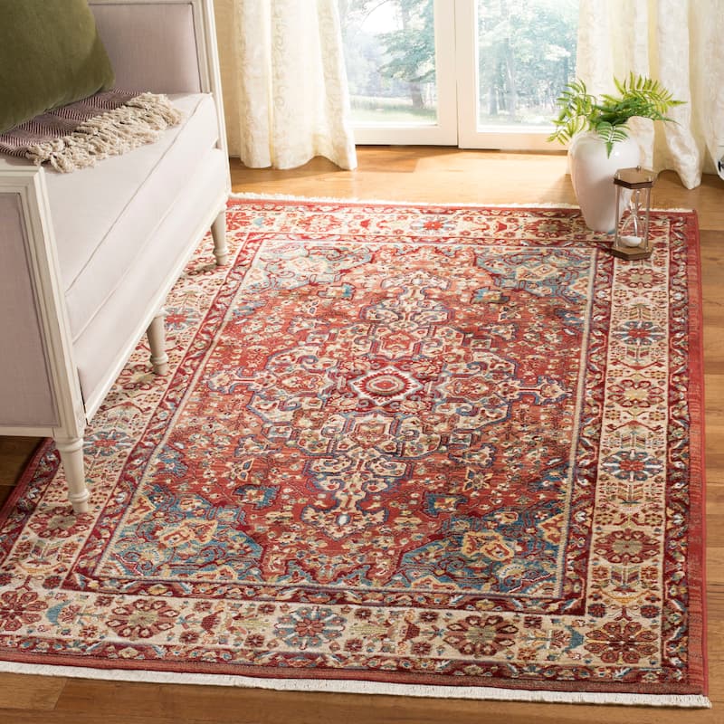 SAFAVIEH Kashan Marybeth Oriental Rug with Fringe - 5'1" Square - Red/Ivory