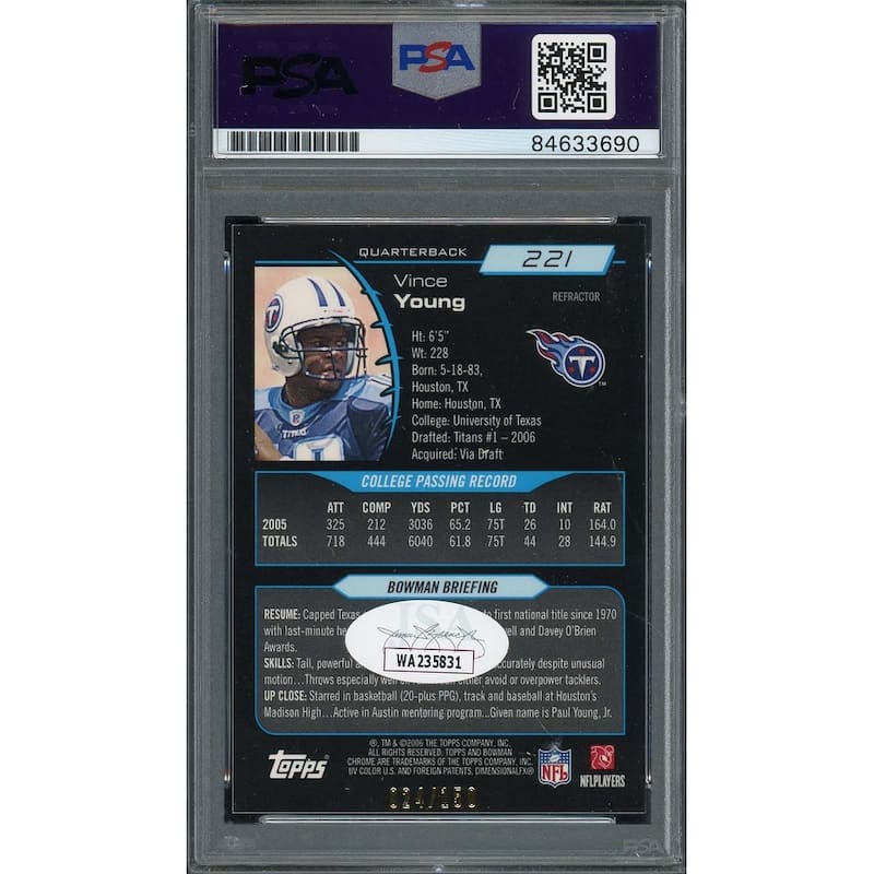 Vince Young Autographed 2006 Bowman Chrome Blue Refractor Rookie Card PSA Auto - 8'6" x 11'6"