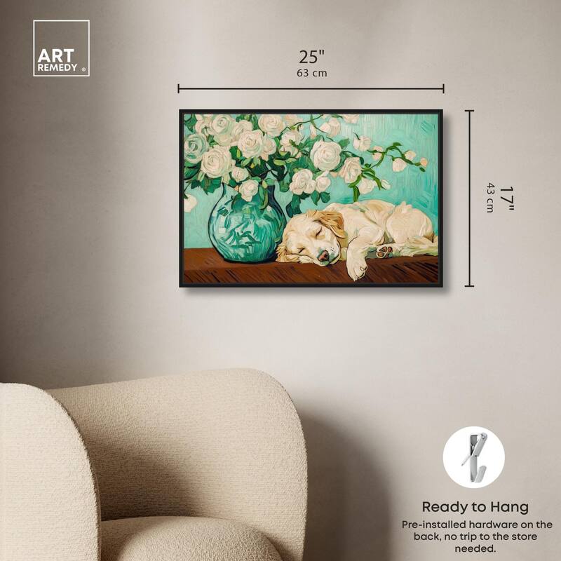 Rose Vase Puppy Canvas by Art Remedy
