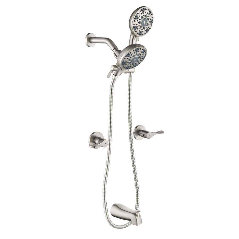 Wall Mount Dual Head Shower Faucet with Tub Spout Brass Complete Shower System with Handheld Shower Valve Included
