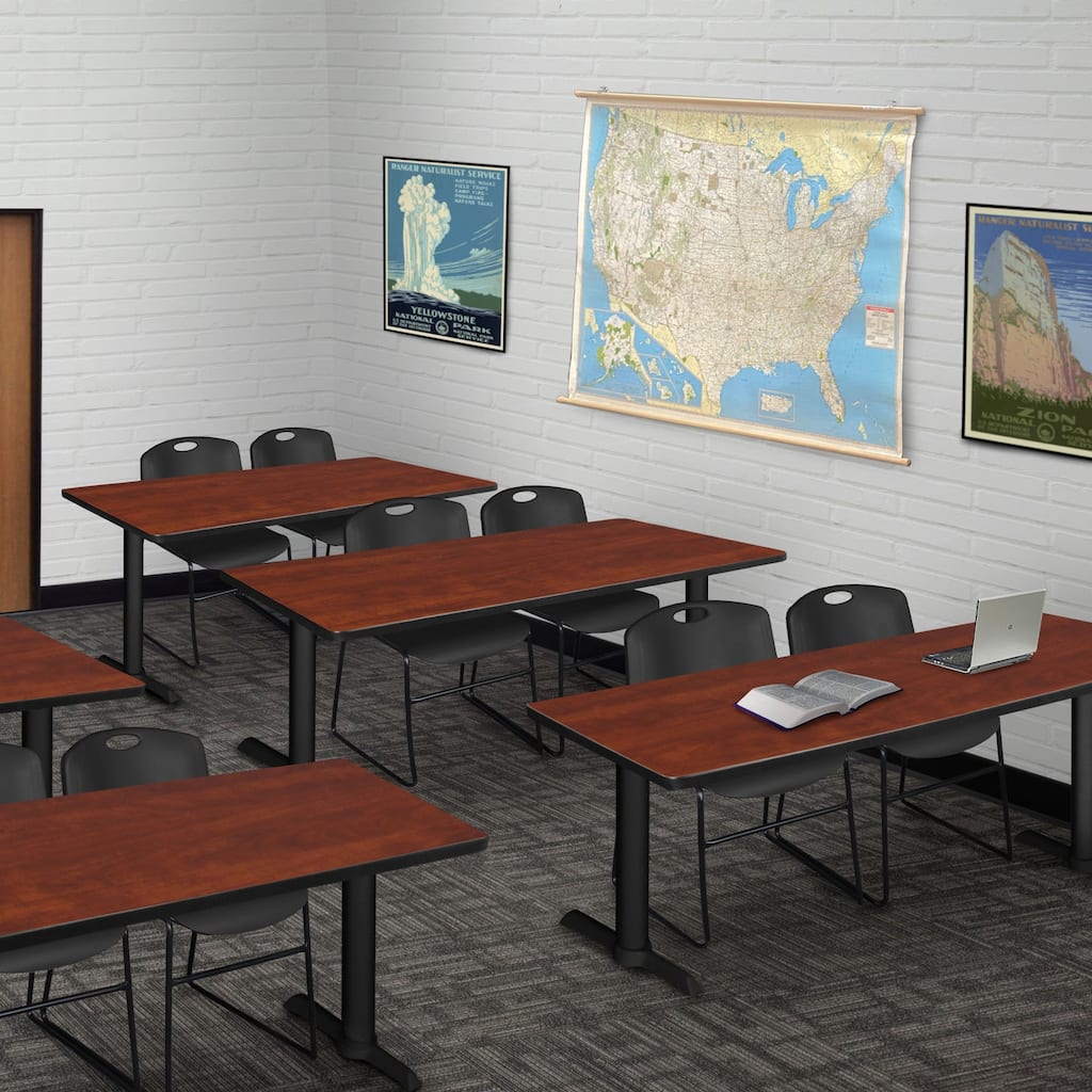 66" x 24" Training Table- Cherry & 2 Stack Chairs- Black