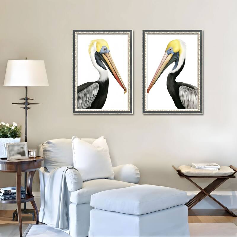 Set of 2 Pelican Bird Framed Wall Art - Replaceable Canvas Prints with Solid Wood Picture Frames, Modern Nature Wall Decor