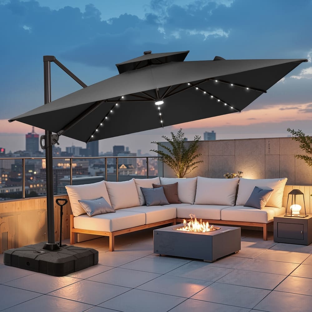 10 X 13 FT Outdoor Patio Cantilever Umbrella with Solar Lights Rod Wheel Base Double Canopy 360 Rotation Tilt