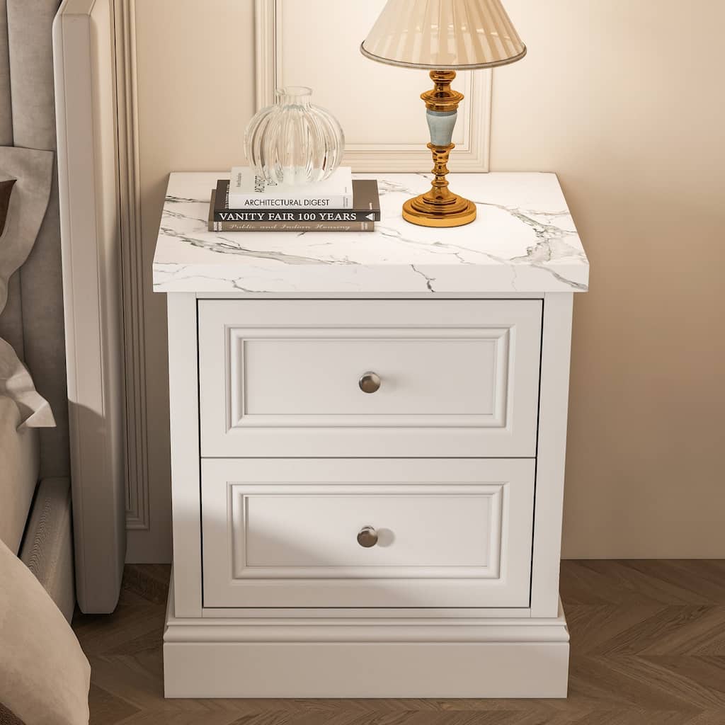 2-Drawer Nightstand with Faux Marble Top