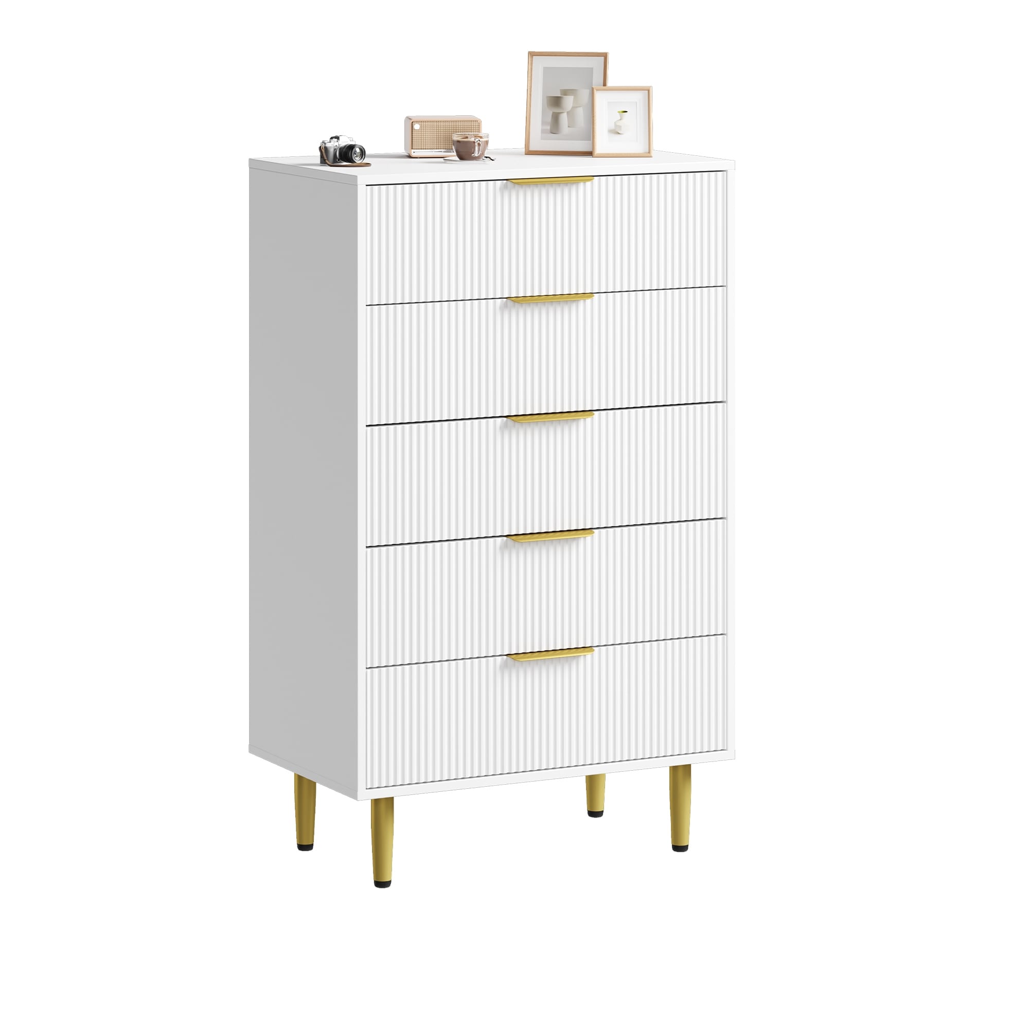 Fluted Dresser for Bedroom,Wooden Chest of Drawers with Metal Handle & Feet