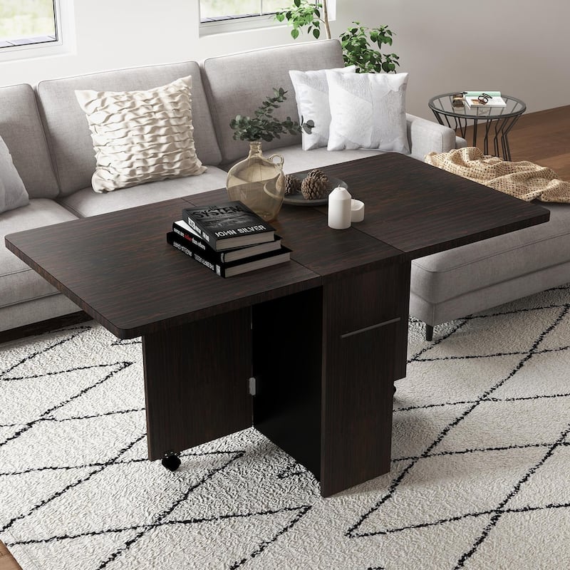 Drop Leaf Dining Table with Storage Rack and Wheels for Small Spaces - Walnut