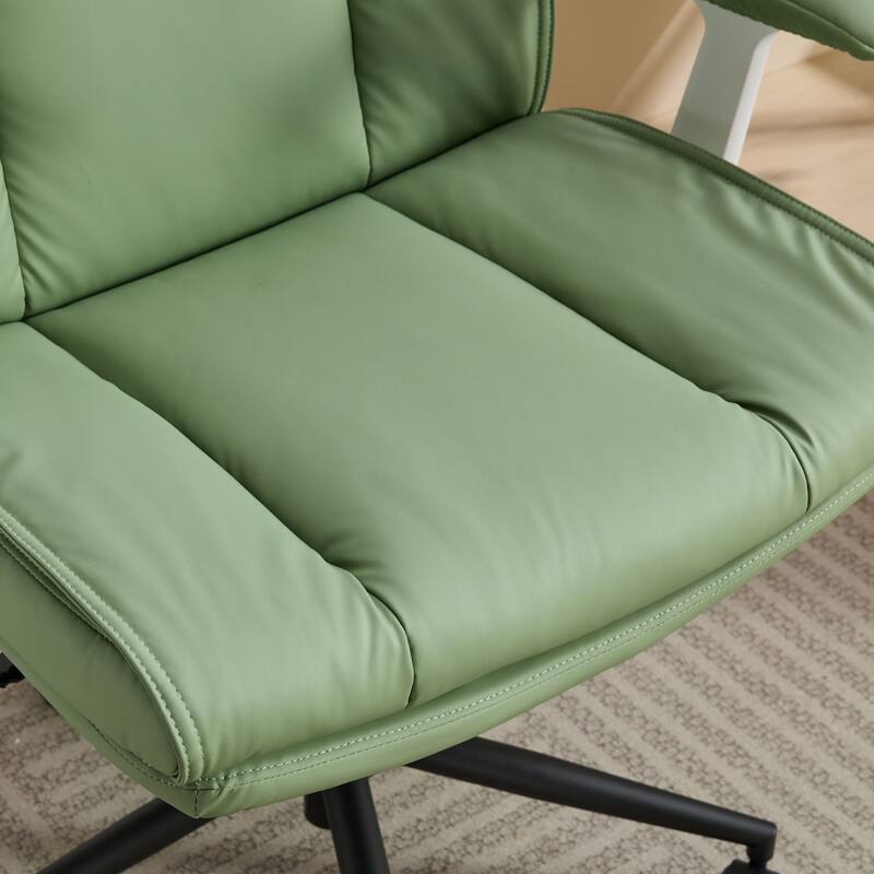 Green Leather Office Chair with Crossed Legs and Flip-Up Armrests