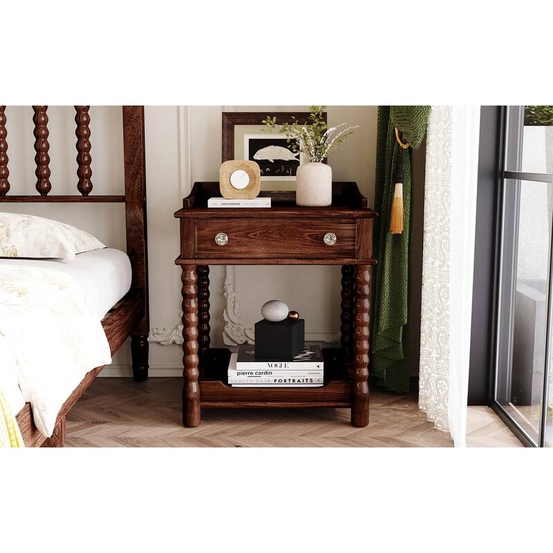Retro Style Nightstand with Drawer & Open Shelf - Turned Legs Bedside Table with Metal Handle (Walnut)