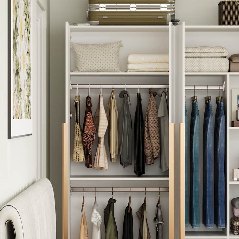 High Gloss Wardrobe with Shelves and Hanging Rods White 3 Door Closet Organizer