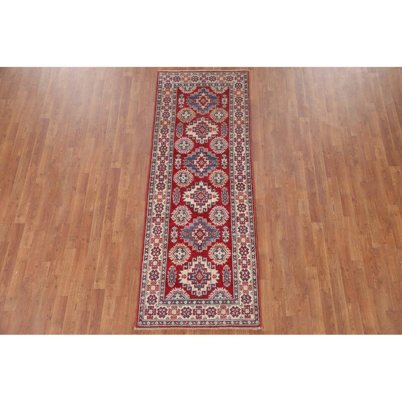 Hand Knotted Oriental 100% Wool Carpet Traditional Geometric Red Kazak Runner Rug - 7' 7'' X 2' 9''
