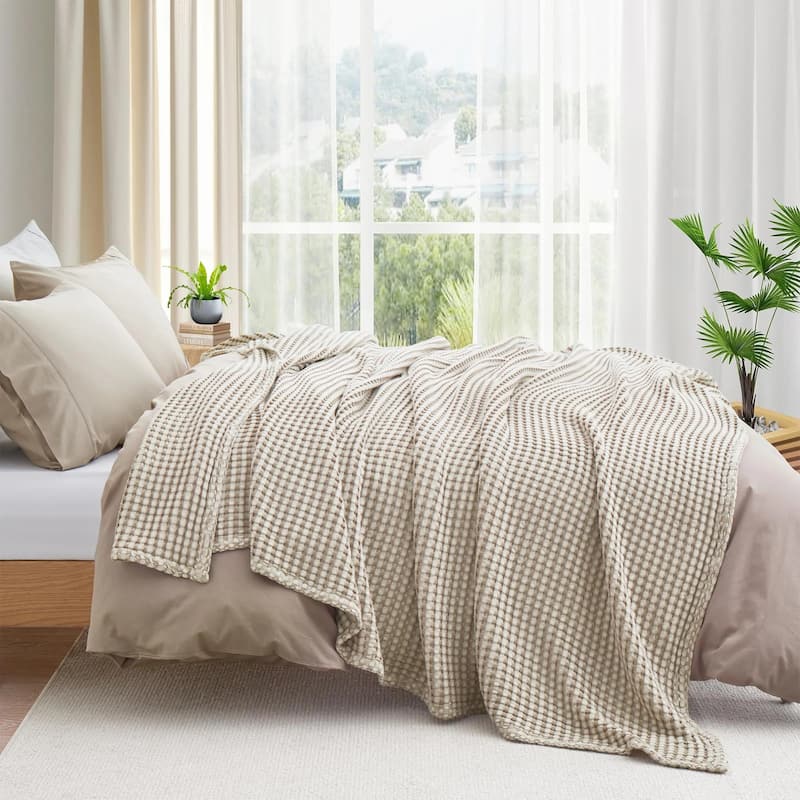 Organic Cotton Waffle Weave Bed Blanket, Breathable Textured Blanket for All Season