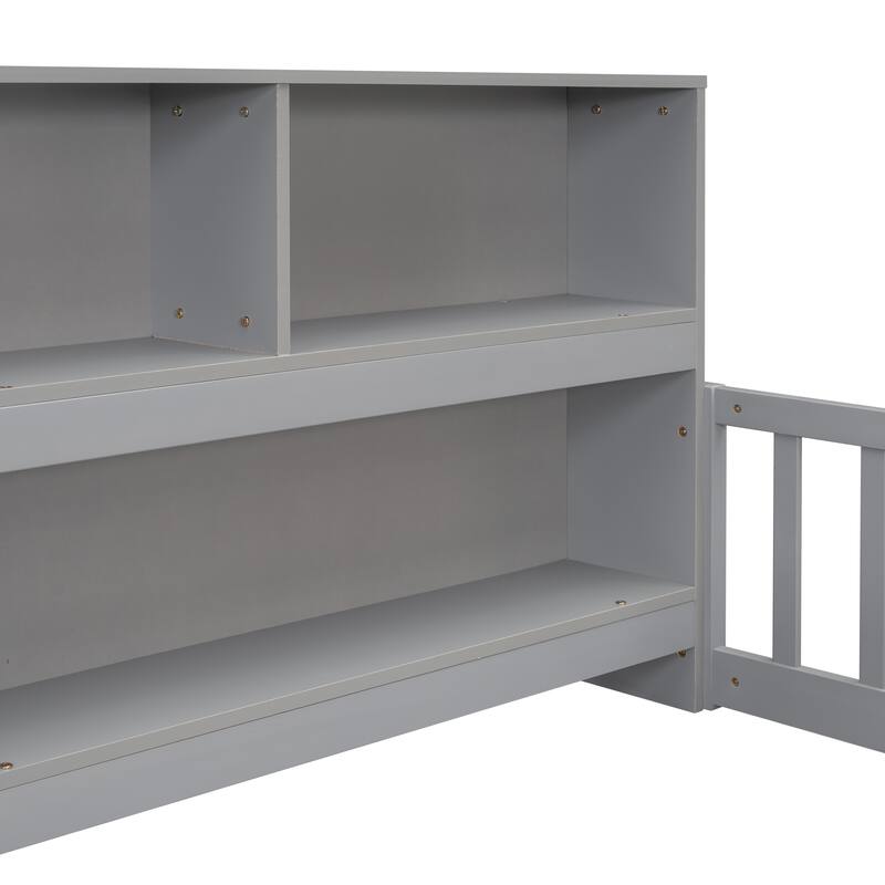 Floor Bed with Side Bookcase, Shelves, Guardrails