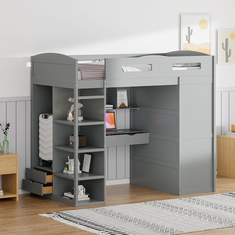 Twin Size Loft Bed with Desk, Wardrobes, 4 Drawers and 4 Shelves - Gray