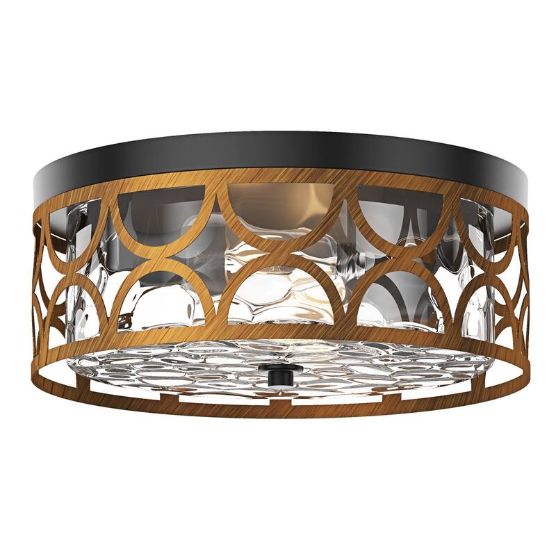 Matte Black 2-Light Rippled Glass Flush Mount Ceiling Light with Antique Brass Metal Shade