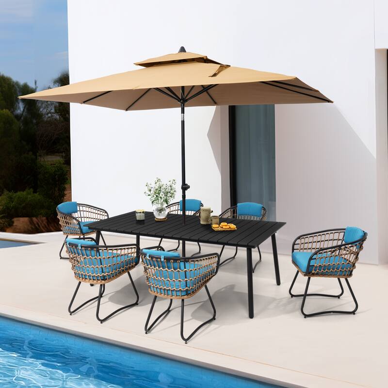 Outdoor 7 PC- Patio Rectangular Aluminum Dining Table Set with Umbrella Hole with Rattan Chair - Table-Black&Seat-Blue