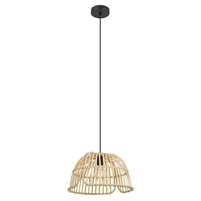 Glyneath - 1-Light Pendant - Structured Black Finish - Natural Wood Shade