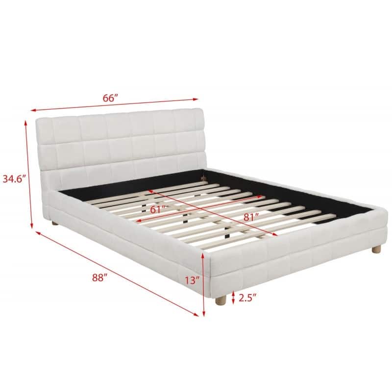 Queen Size Platform Bed with Fleece Upholstery and Grid-Patterned Headboard, White