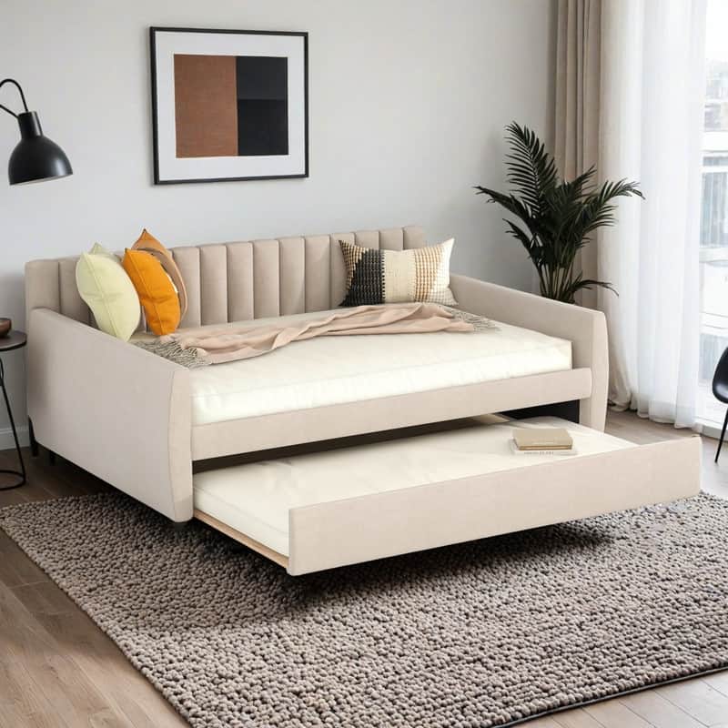 Full Size Upholstered daybed with Trundle and Wood Slat Support