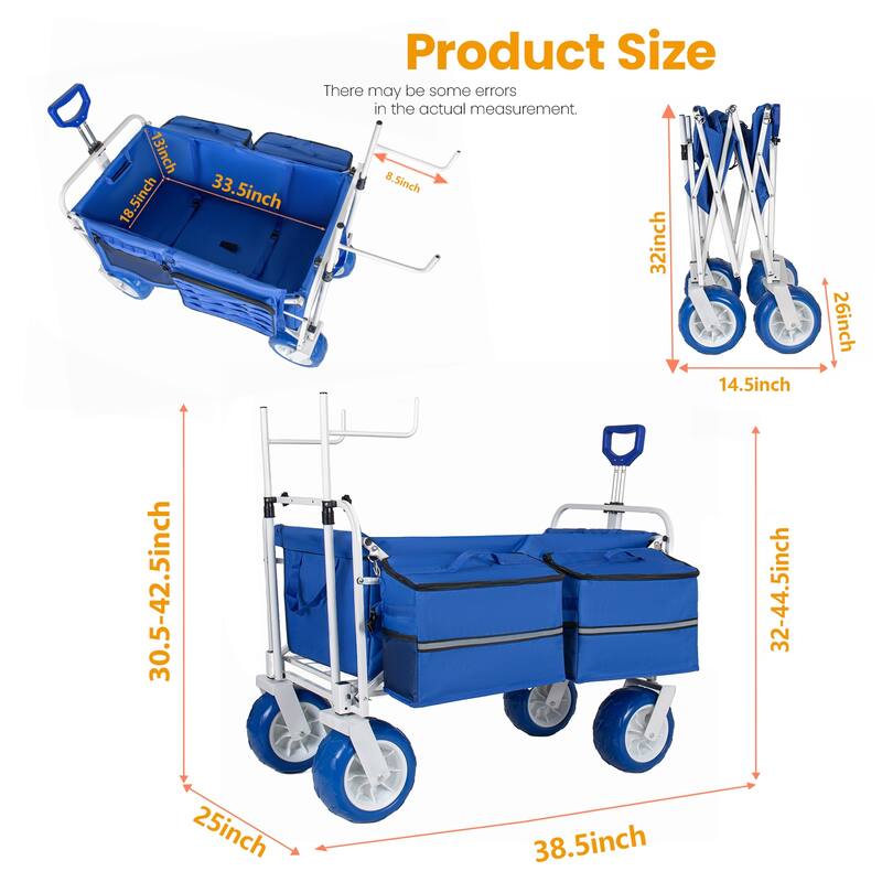 Beach Wagon Cart with Chair Racks and 9" All-Terrain Wheels, 500lbs Heavy Duty Collapsible Folding Wagon, Storage Bags