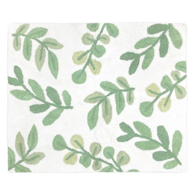 Floral Leaf Collection Accent Floor Rug (2.5' x 3') - Green and White Boho Botanical Woodland Tropical Garden Leaves Nature