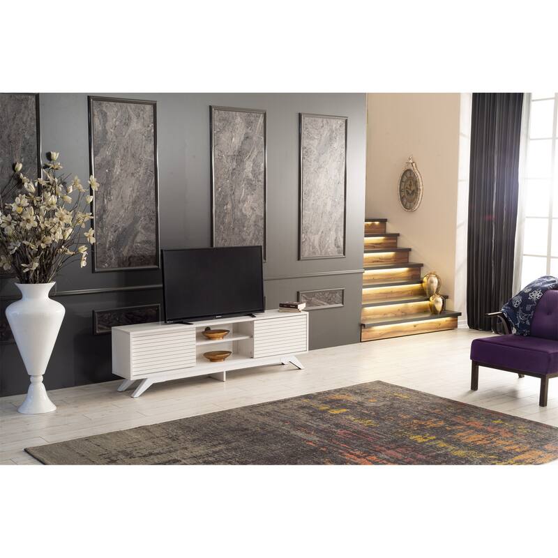 TV Stand Console Wood TV Cabinet with 2 Closet Spaces for Living Room