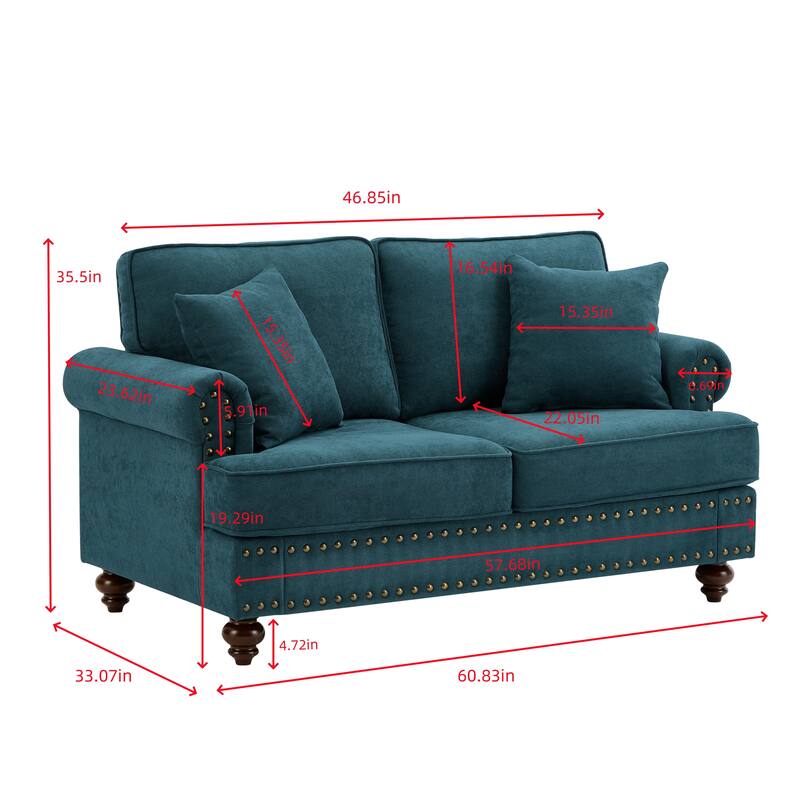 Green 60" Modern Chenille 3-Seater Sofa with Brown Legs, 2 Pillows, and Removable Back Cushions