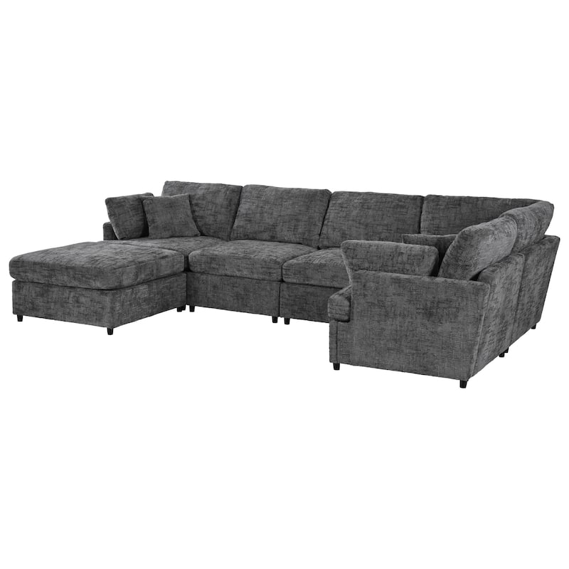 127 Inch U-Shaped Sectional Sofa with Movable Ottoman, 6-Piece Chenille Fabric Modular Couch with Pine Wood Frame