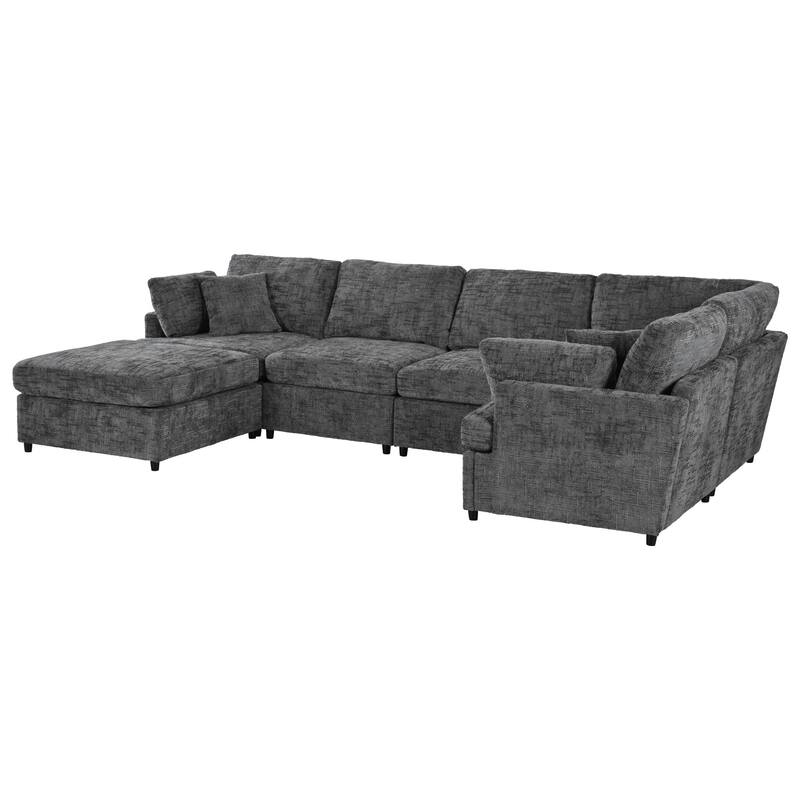 U-Shaped Sectional Sofa Convertible Modular Corner Couch with Movable Ottoman, Chenille Fabric Sofa Set