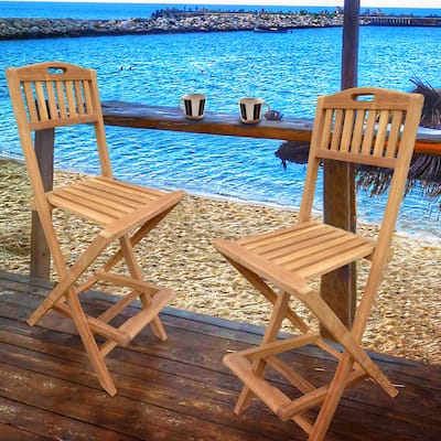 Seven Seas Teak Beachside Outdoor Folding Teak Wood Bar Stool with Carry Handle