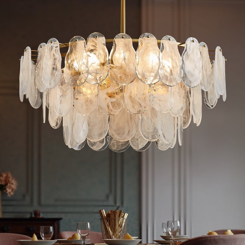 Modern Gold Cloud Glass Chandelier, 23.6" 3-Tier Round Crystal Pendant Light, 9-Light Luxury Ceiling Fixture for Dining Room
