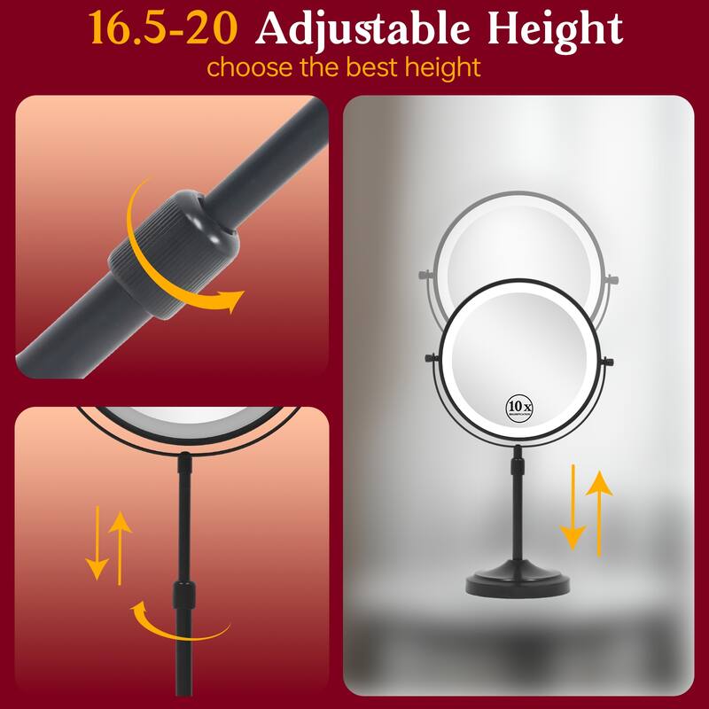 9" Rechargeable Lighted Makeup Mirror, Vanity Mirror with 1X/10x Magnification, Height Adjustable 3-Lighting Modes Dimmable