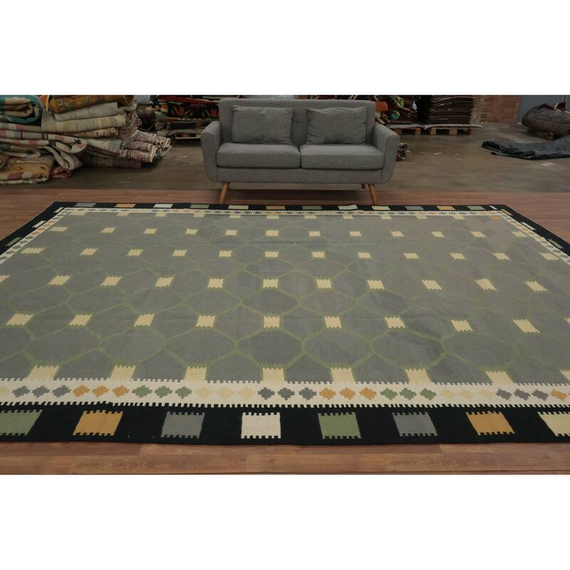 Hand Woven Oriental 100% Wool Carpet Southwestern Modern Greys & Charcoal Kilim Area Rug - 13' 0'' X 9' 10''