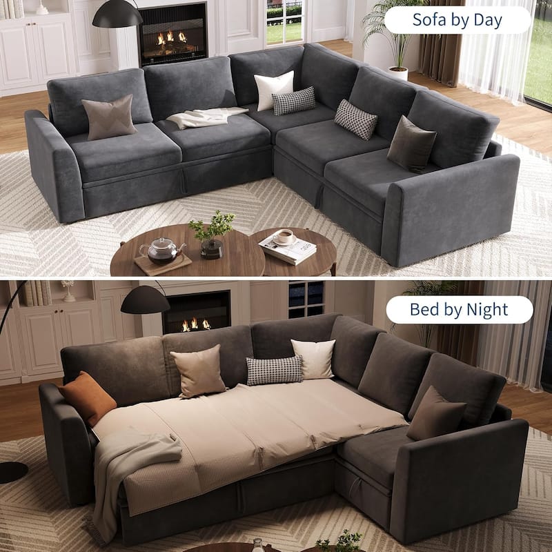 Sectional Sleeper Sofa with Pull Out Bed, Chenille Modular Sectional Sofa L Shaped Couch with Pull Out Couch