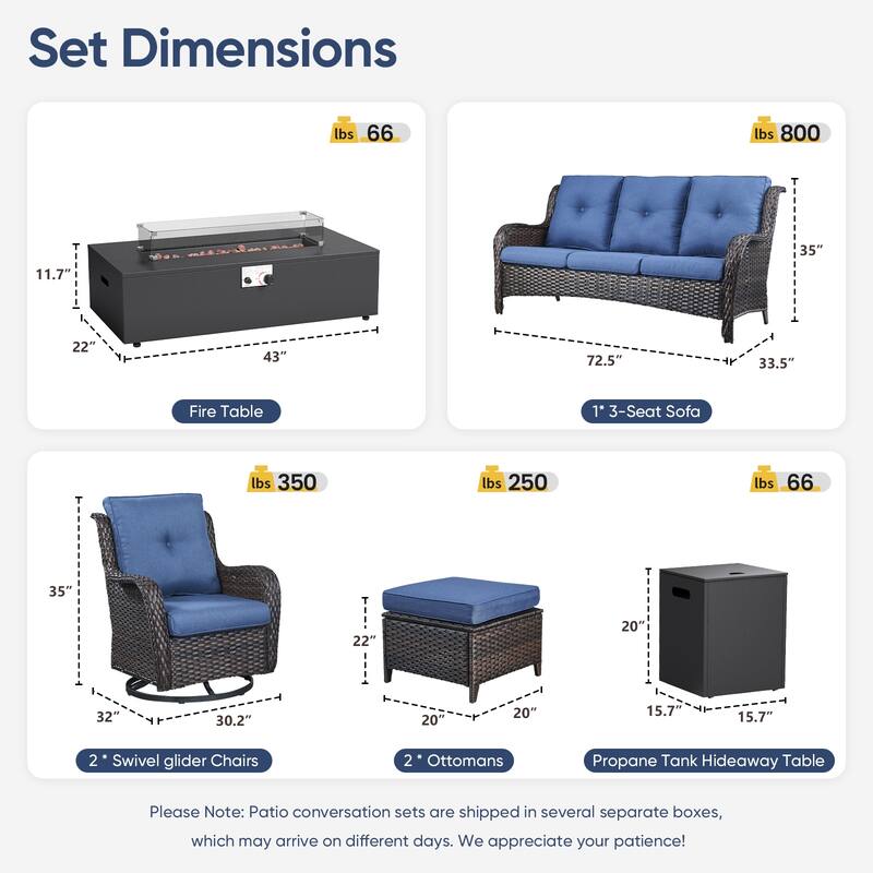 Pocassy Outdoor 7 Pieces Sofa Swivel Chair Ottoman with Fire Table
