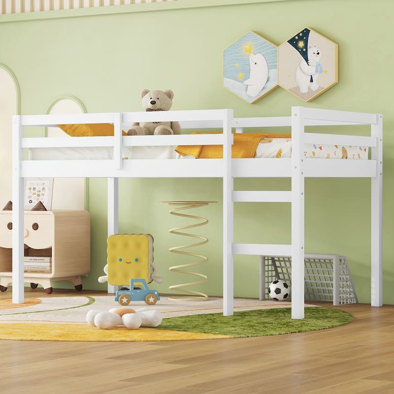 Solid Wooden, Rubber Wooden Twin Loft Bed with Ladder, Bed Platform of Strengthened Slats - White