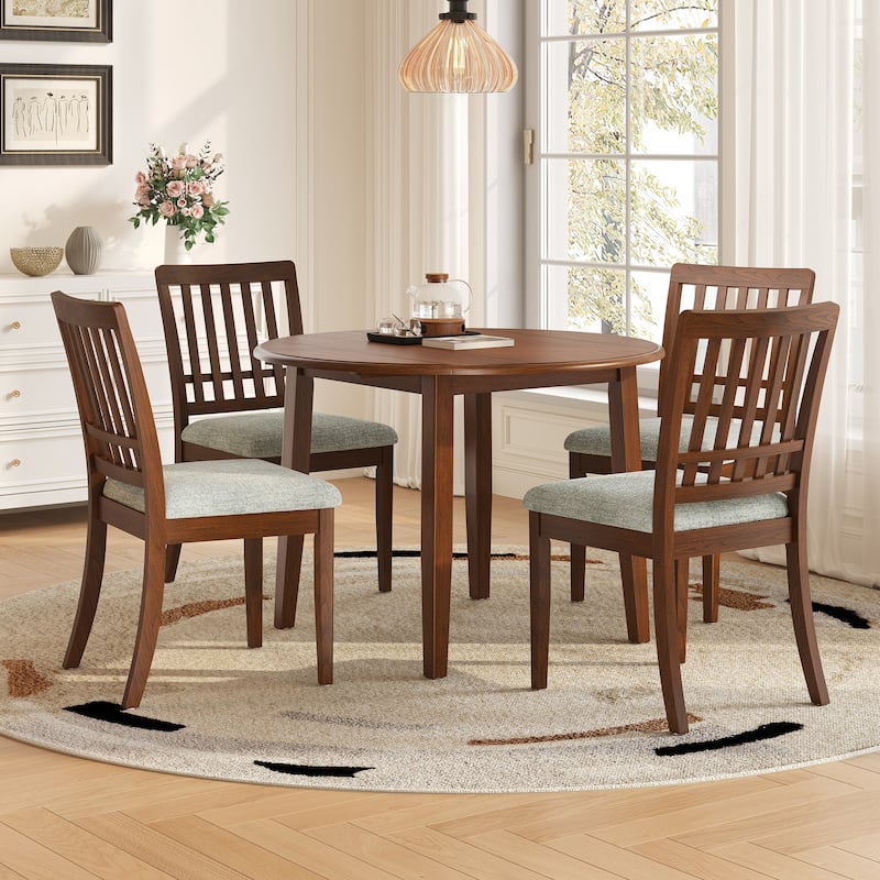 5-Piece Round Dining Table Set for 4 People, 1 Folding Wood Dining Table + 4 Upholstered Chairs, for Small Apartments