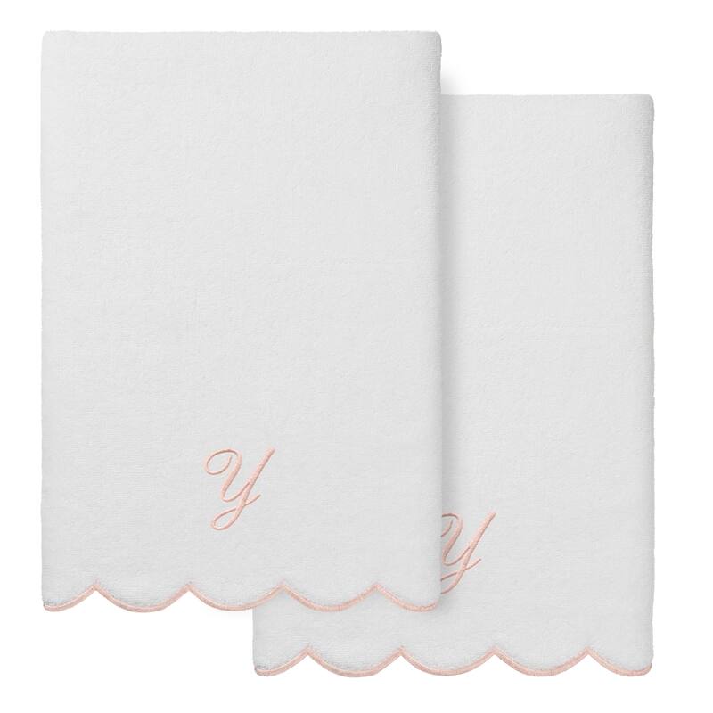 Authentic Hotel and Spa 100% Turkish Cotton Pink ADORNIA Scallop Personalized 2 Piece Bath Towel Set - 2 Bath Towels - Y