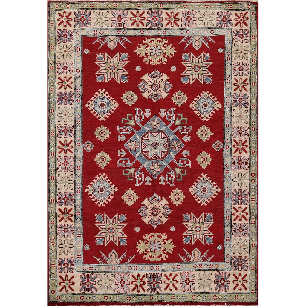 Red Geometric Kazak Rug Hand-Knotted Traditional Wool Carpet - 5'0" x 7'0"