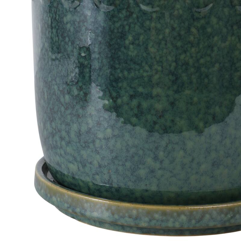 Ceramic Planter with Saucer, Bubble Trim Design - Set of 2, 8",6", Green