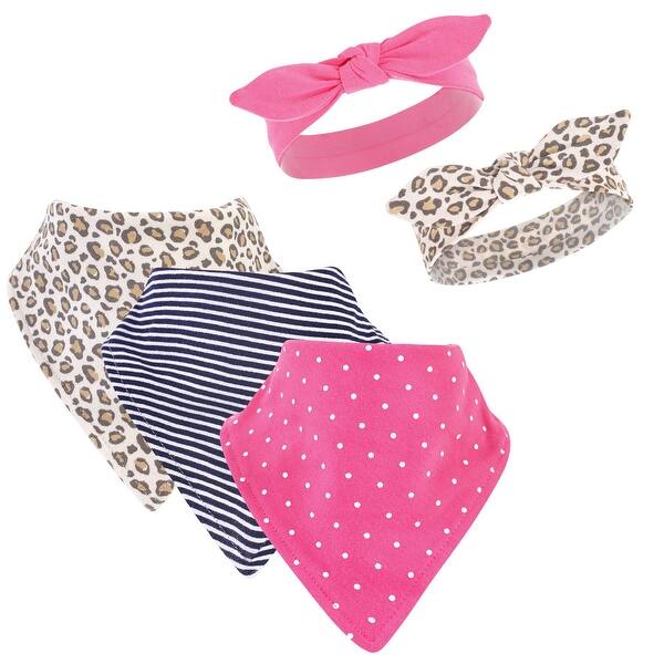 slide 1 of 1, Hudson Baby Infant Girl Cotton Bib and Headband Set 5pk, Leopard, One Size - Leopard - One Size One Size - Leopard