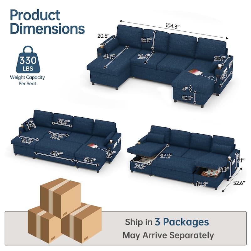 Convertible Sleeper Sofa 3-in-1 Pull Out Sectional Sofa Bed L/U-Shaped Couch with Storage Chaise