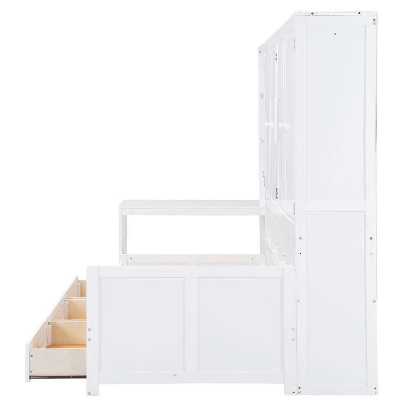 Versatile Twin Size Daybed with Desk & All-in-One Cabinet, Space-Saving Wooden Storage Platform Frame with 3 Drawers and Shelves
