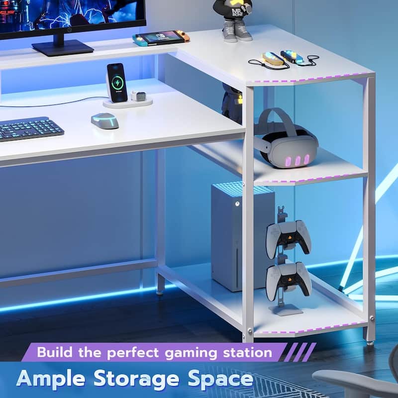 PC Gaming Desk Power Outlets Computer Desk LED Lights Storage Shelves