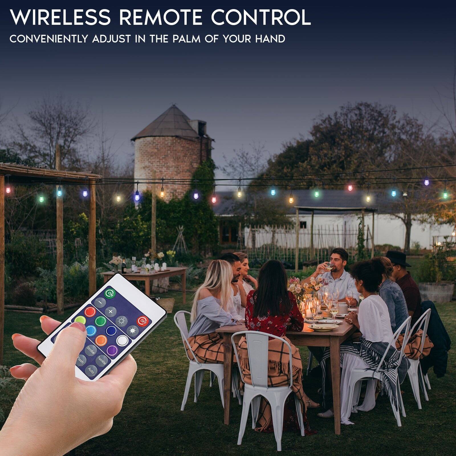 Luxrite 48FT LED RGBW Outdoor String Lights, Remote Control, Commercial Grade, 24 Edison S14