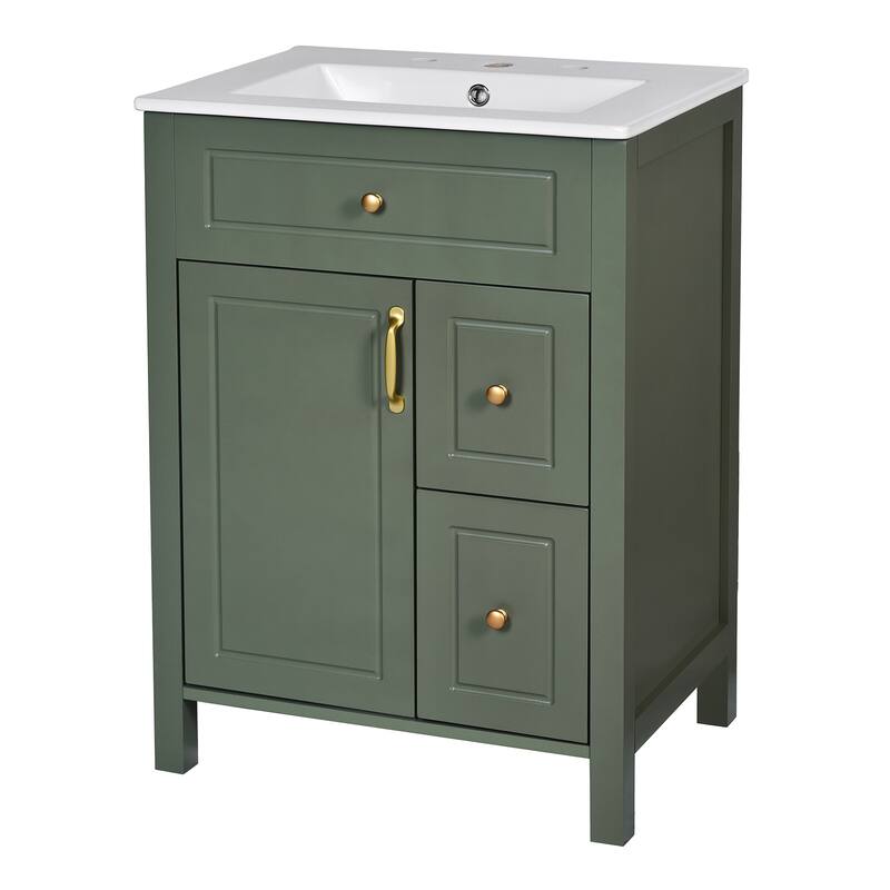 24-Inch Bathroom Vanity with Ceramic Sink, 1 Soft Close Door, 2 Soft Close Drawers, and Double Storage Racks on the Door