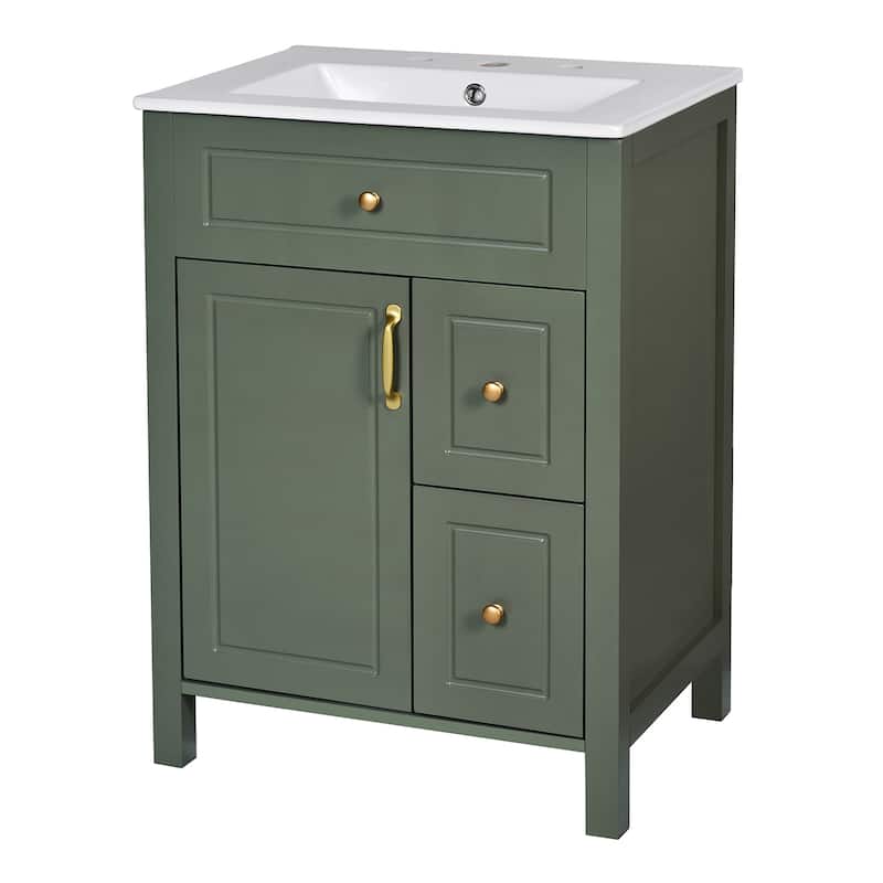 Roomfitters 24-Inch Bathroom Vanity with Ceramic Sink, 1 Soft Close Door, 2 Soft Close Drawers, and Double Storage Racks