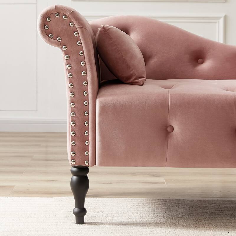 60.6" Velvet Chaise Lounge Buttons Tufted Nailhead Trimmed Solid Wood Legs with 1 Pillow,Burgundy (Left Arm Design)